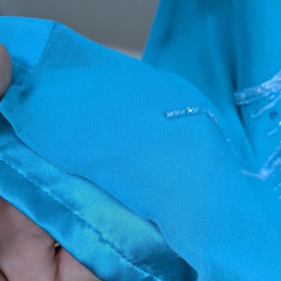 Silk Prom Dress Maxi Gown 10 Blue Vintage Y2K Fairy Glam Bead Princess Slit Bead - Picture 10 of 15